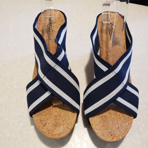 Lucky Brand Miller 2 Cork Platform Wedge Sandals Navy Blue/White Size 9.5 - Picture 2 of 9